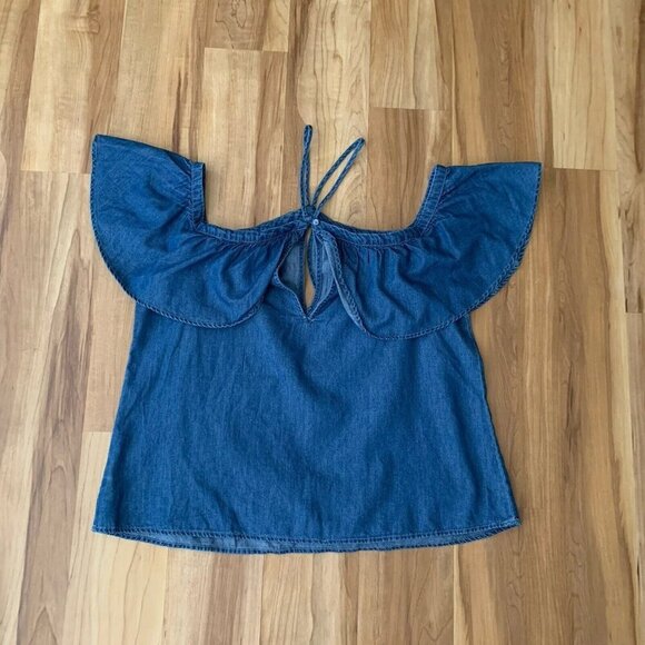 Express Women’s Medium Boho Festival Halter Cold Shoulder Blue Denim Top NWT - Picture 5 of 9